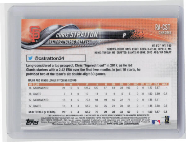 2018 Topps Chrome Chris Stratton AU #RA-CST Giants Rookie Autographs - Image 3