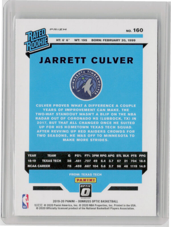 2019-20 Donruss Optic Jarrett Culver Blue Velocity #160 Timberwolves - Image 3