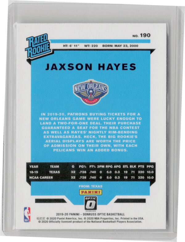 2019-20 Donruss Optic Jaxson Hayes RC #190 Pelicans - Image 3