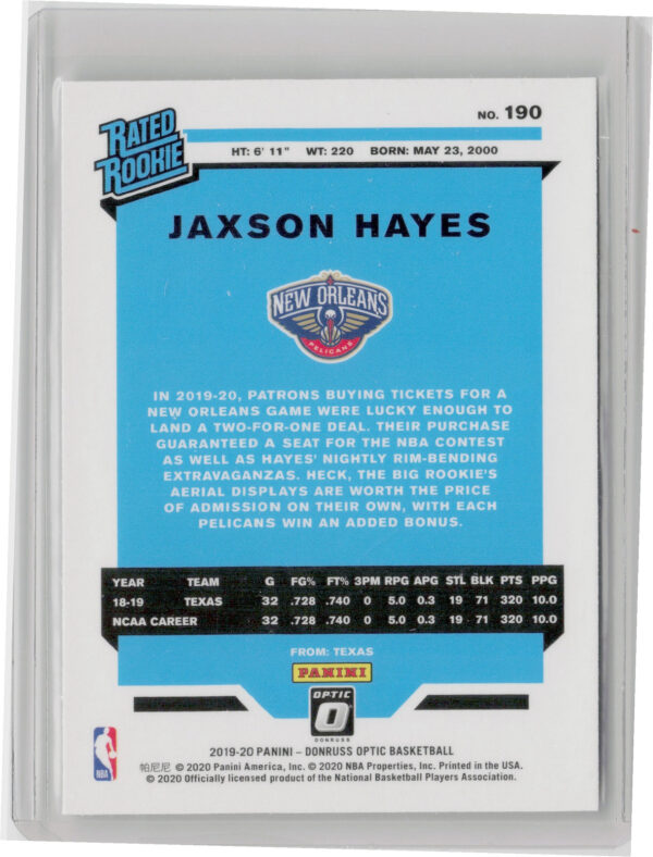 2019-20 Donruss Optic Jaxson Hayes RC #190 Pelicans - Image 3