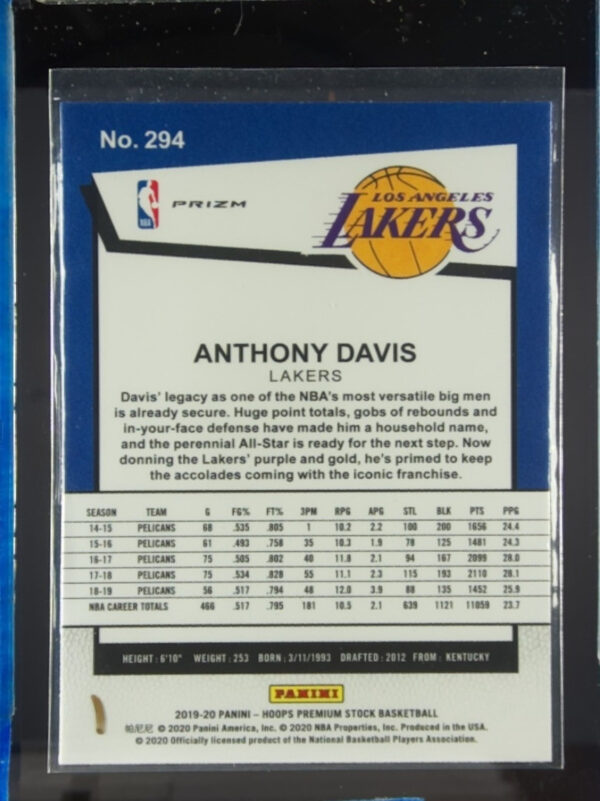 2019-20 Hoops Premium Stock Anthony Davis Prizms Silver Laser #294 Lakers - Image 3