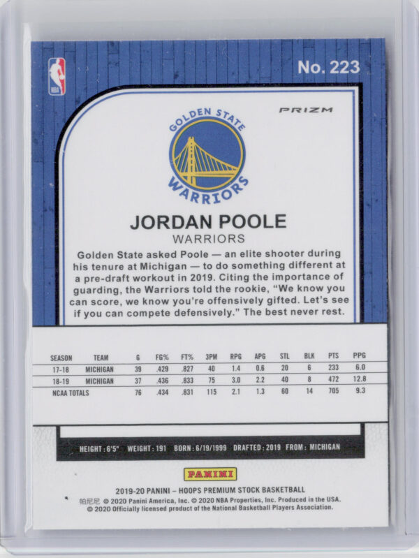 2019-20 Hoops Premium Stock Jordan Poole Prizms Silver Laser #223 Warriors - Image 3