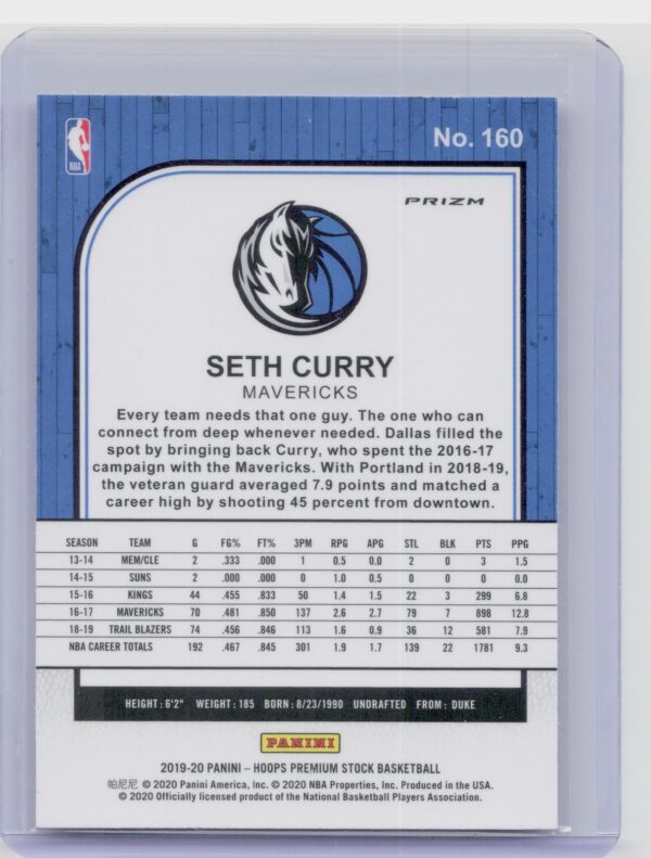 2019-20 Hoops Premium Stock Seth Curry Prizms Silver Scope #160 Mavericks - Image 3