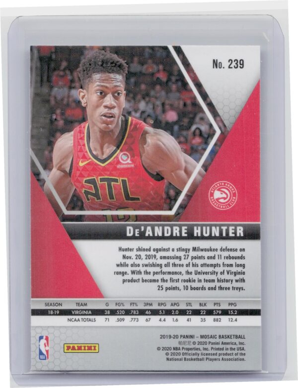 2019-20 Panini Mosaic De'andre Hunter RC #239 Hawks - Image 3