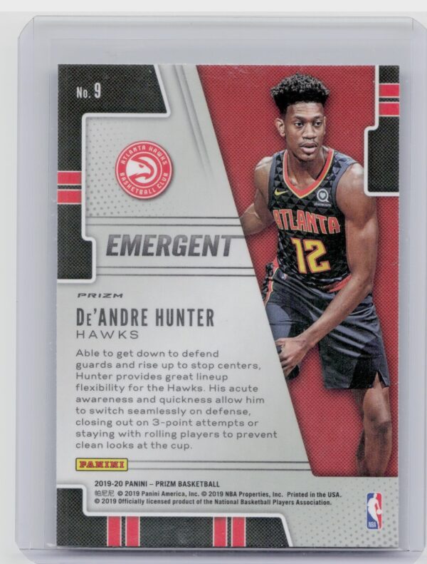 2019-20 Panini Prizm De'andre Hunter #9 Hawks Emergent Green - Image 3