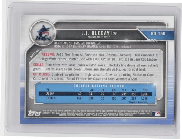 2019 Bowman Draft J.J. Bleday #BD-150 Marlins - Image 3
