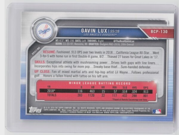 2019 Bowman Gavin Lux #BCP-130 Dodgers Chrome Prospects Mojo Refractors - Image 3