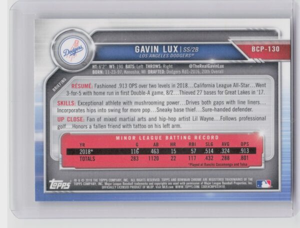 2019 Bowman Gavin Lux #BCP-130 Dodgers Chrome Prospects Mojo Refractors - Image 3