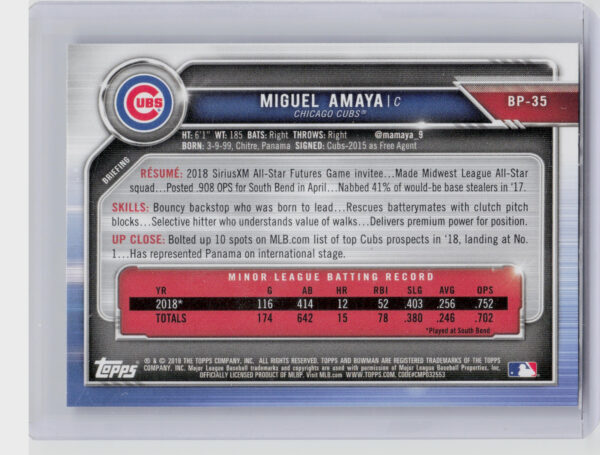 2019 Bowman Miguel Amaya #BP-35 Cubs Prospects Camo - Image 3