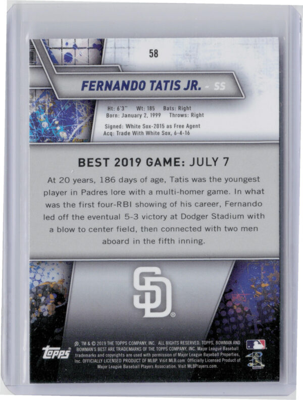 2019 Bowman's Best Fernando Tatis Jr. RC #58 Padres - Image 3