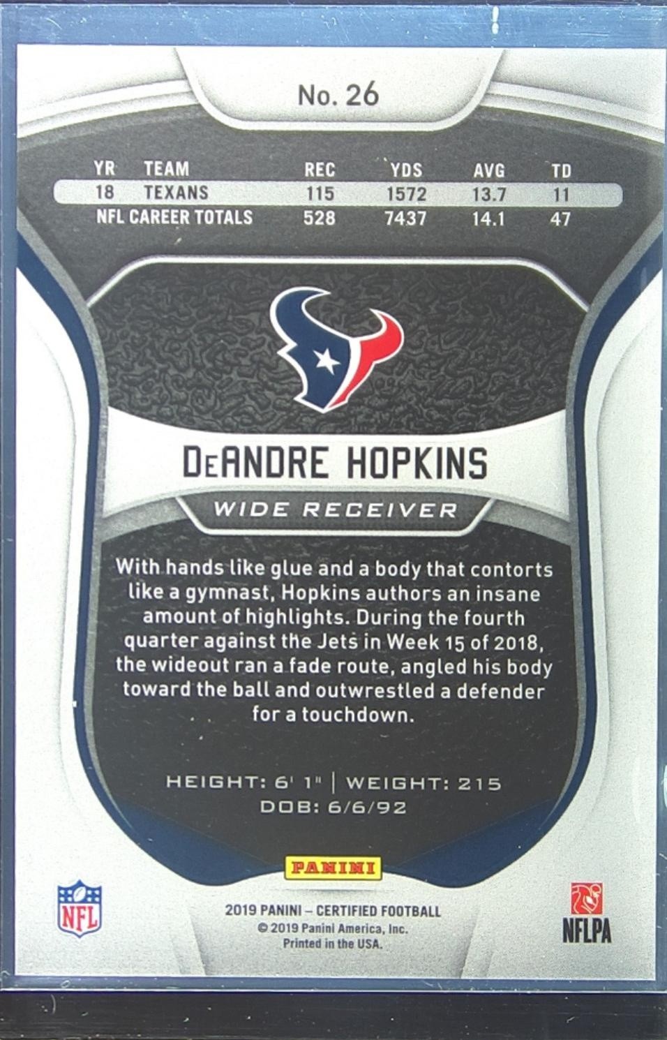 2019 Certified DeAndre Hopkins Mirror /450 #26 Texans - Image 3