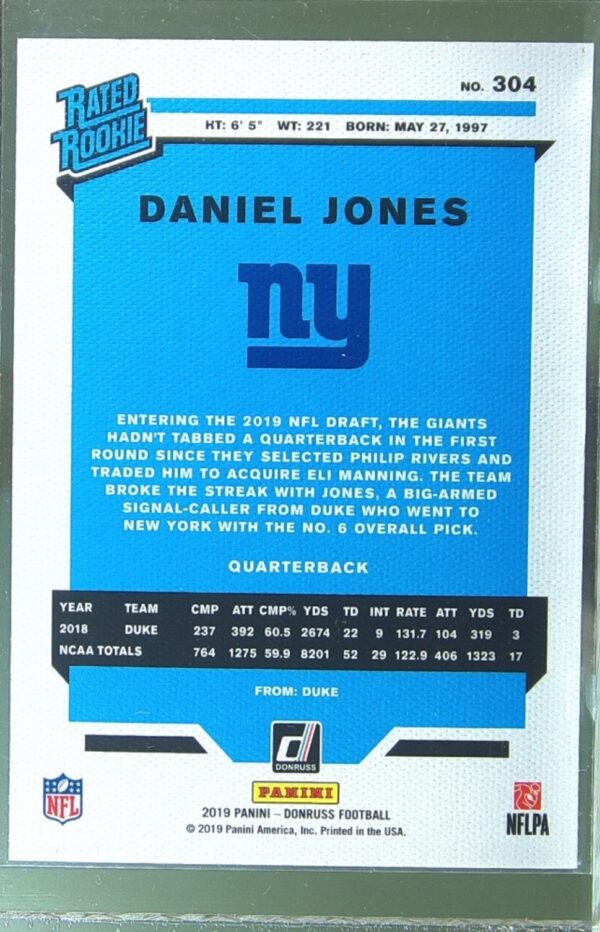 2019 Donruss Daniel Jones RC #304 Giants Rated Rookies Canvas - Image 3