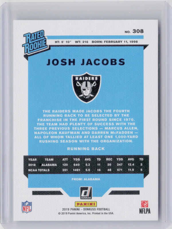 2019 Donruss Josh Jacobs #308 Raiders Rated Rookies Canvas - Image 3