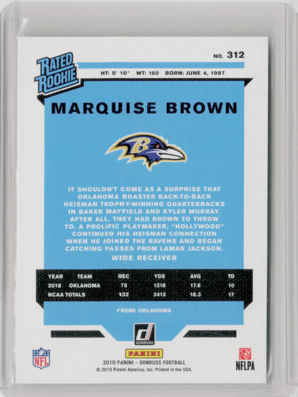 2019 Donruss Marquise Brown #312 Ravens Rated Rookies Canvas - Image 3