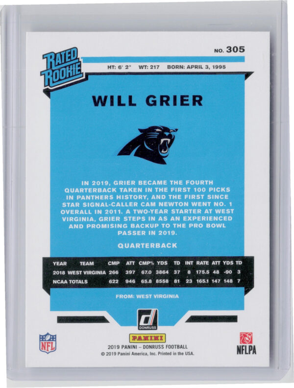 2019 Donruss Will Grier RC #305 Panthers - Image 3