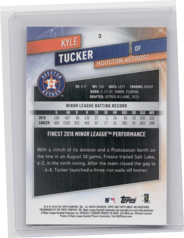2019 Finest Kyle Tucker RC #3 Astros - Image 3