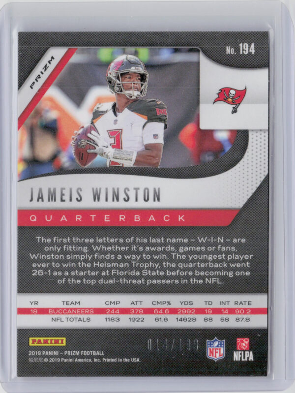 2019 Panini Prizm Jameis Winston Blue Wave SN199 #194 Buccaneers - Image 3