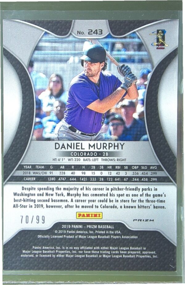 2019 Prizm Daniel Murphy Zebra Stripes /99 #243 Rockies - Image 3