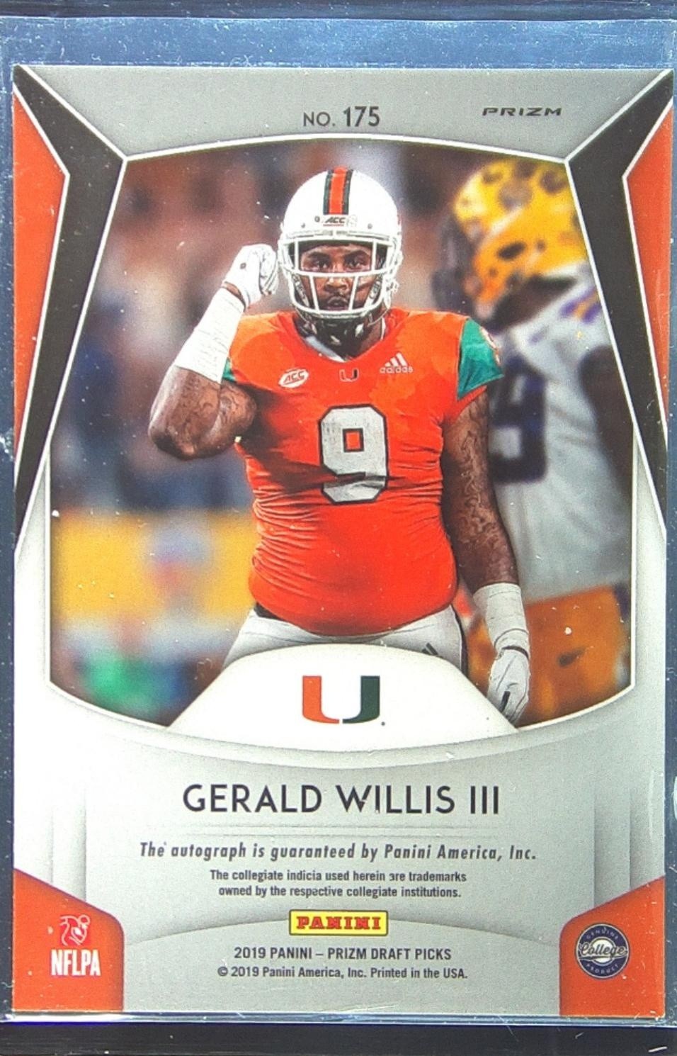 2019 Prizm Draft Picks Gerald Willis III Auto #175 Hurricanes Orange Prizm - Image 3