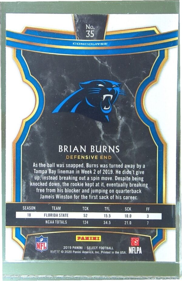 2019 Select Brian Burns RC #35 Panthers - Image 3