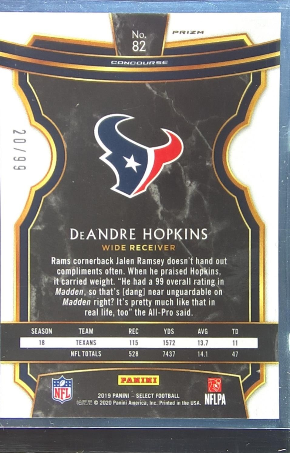 2019 Select DeAndre Hopkins Red Prizm /99 #82 Texans - Image 3