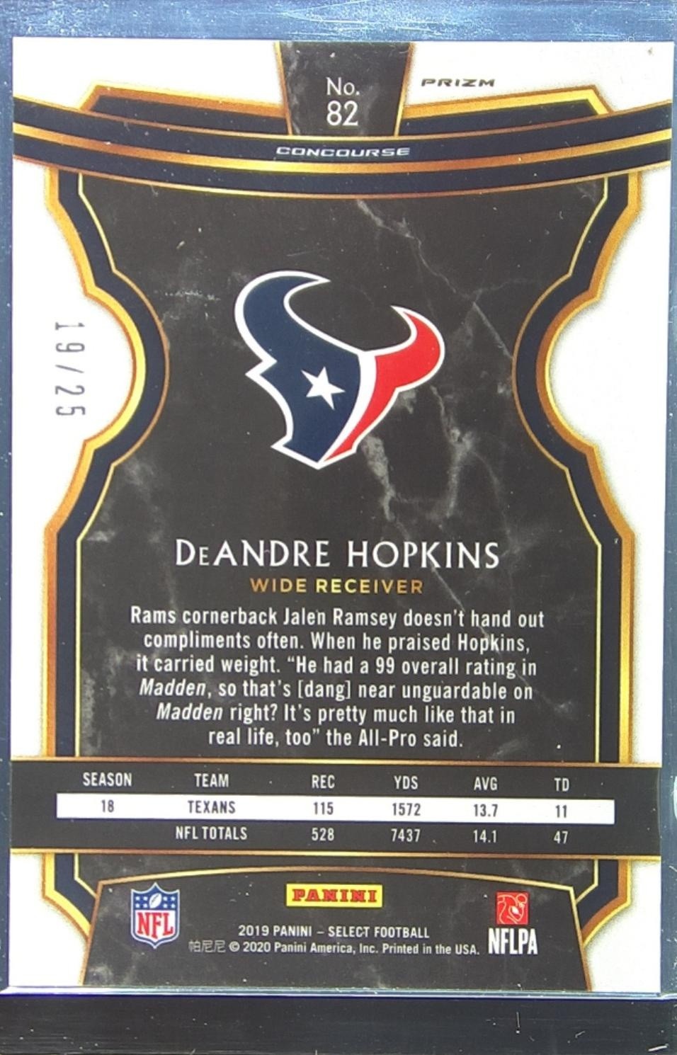 2019 Select DeAndre Hopkins Tie Dye Prizm /25 #82 Texans - Image 3