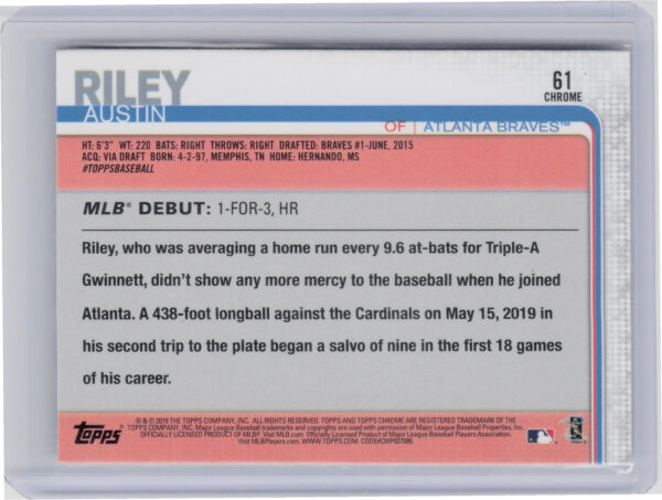 2019 Topps Chrome Update Austin Riley #61 Braves - Image 3
