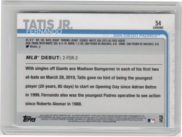 2019 Topps Chrome Update Fernando Tatis Jr. RC #54 Padres - Image 3