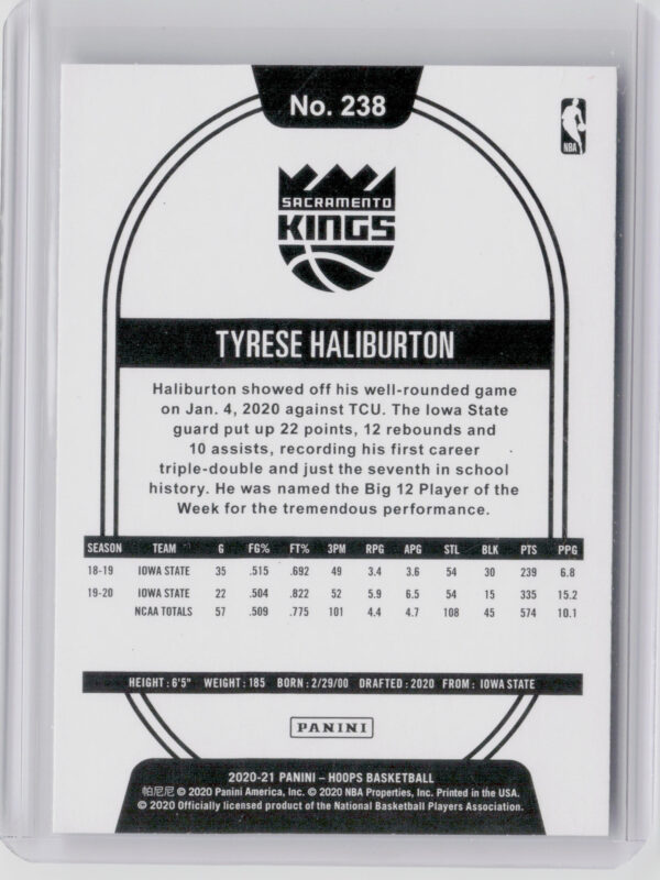 2020-21 Hoops Tyrese Haliburton RC #238 Kings - Image 3
