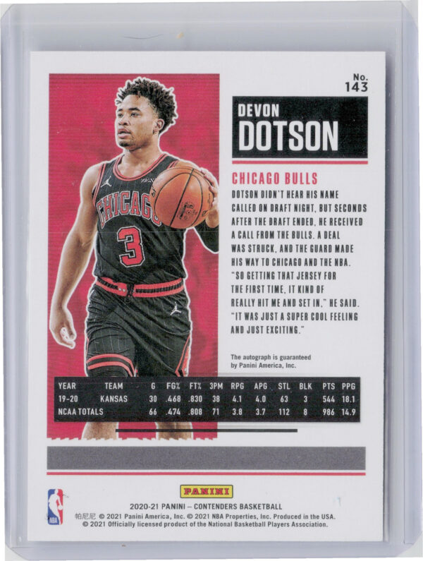 2020-21 Panini Contenders Devon Dotson AU RC #143 Bulls - Image 3