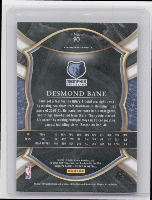 2020-21 Select Desmond Bane RC #90 Grizzlies - Image 3