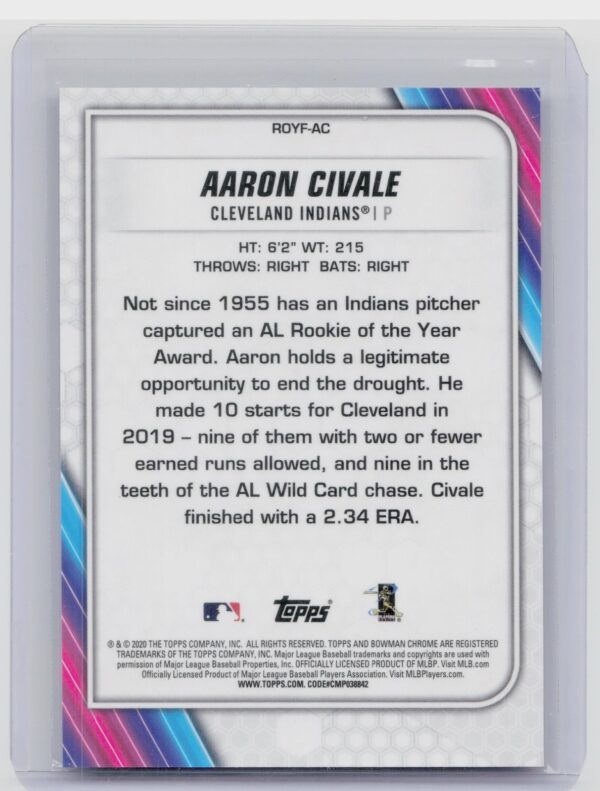 2020 Bowman Aaron Civale /250 #ROYF-AC Indians Chrome ROTY Purple Mojo - Image 3