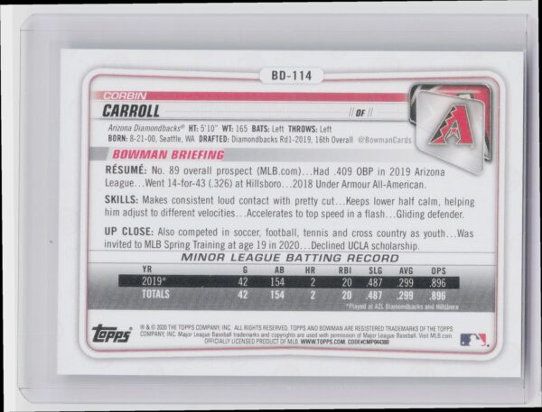 2020 Bowman Draft Corbin Carroll Chrome #BD-114 Diamondbacks - Image 3