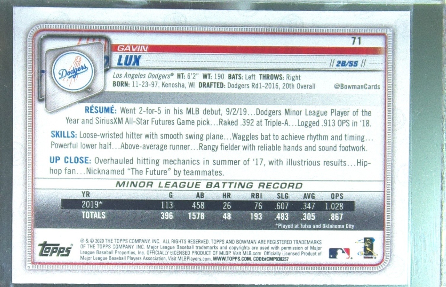 2020 Bowman Gavin Lux RC #71 Dodgers - Image 3