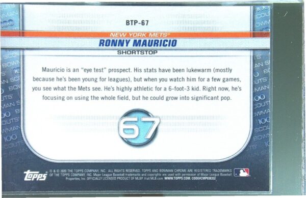 2020 Bowman Ronny Mauricio #BTP-67 Mets Chrome Bowman Scouts Top 100 - Image 3