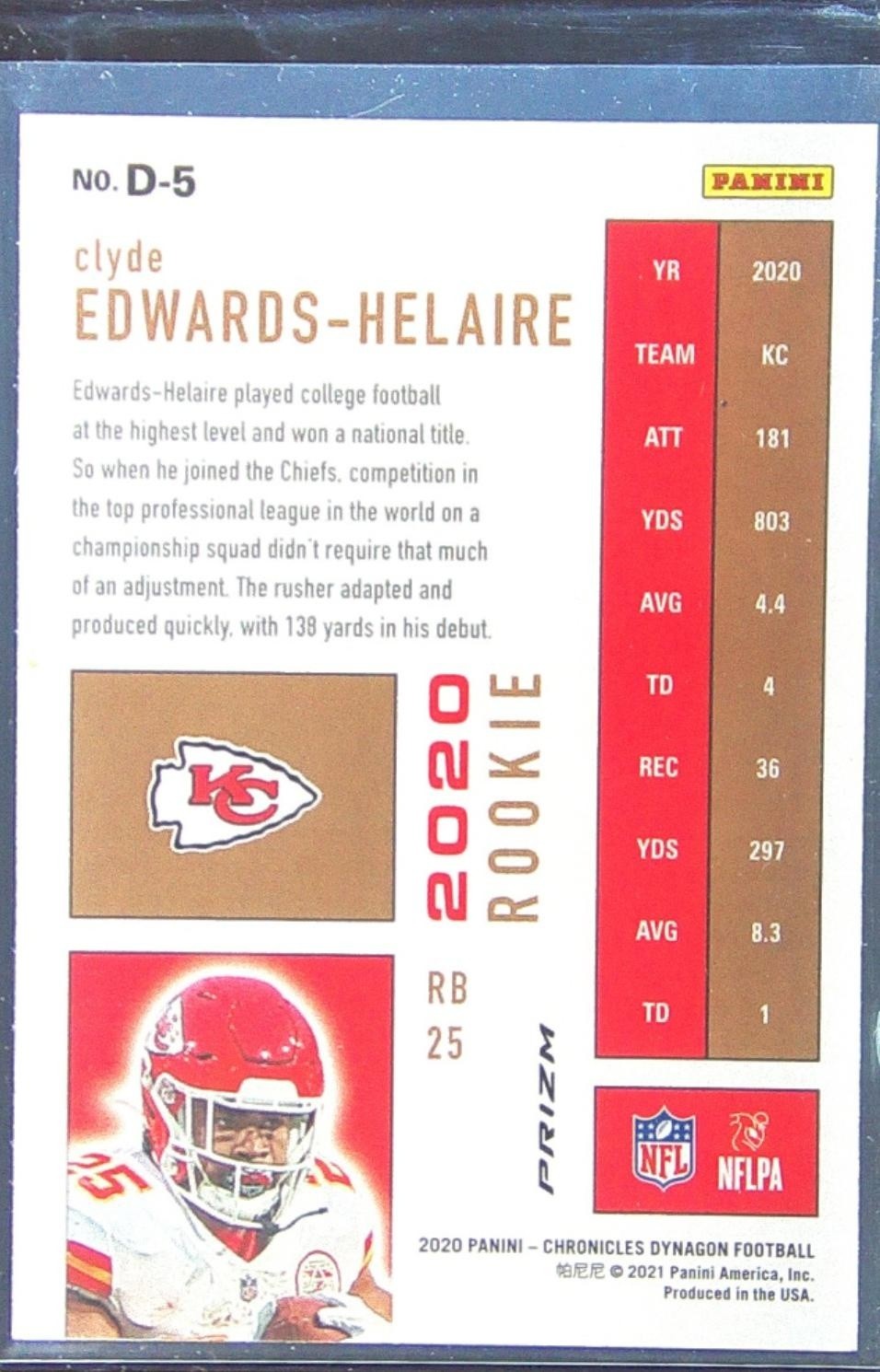 2020 Chronicles Clyde Edwards-Helaire RC #D-5 Chiefs Dynagon Rookies Silver - Image 3