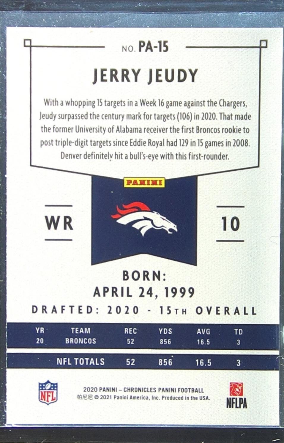 2020 Chronicles Jerry Jeudy RC #PA-15 Broncos Panini - Image 3