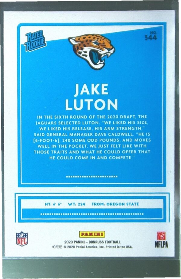 2020 Donruss Jake Luton RC #344 Jaguars - Image 3