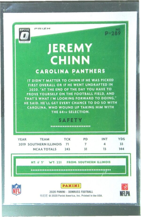 2020 Donruss Jeremy Chinn RC #P-289 Panthers Optic Preview Red and Green - Image 3
