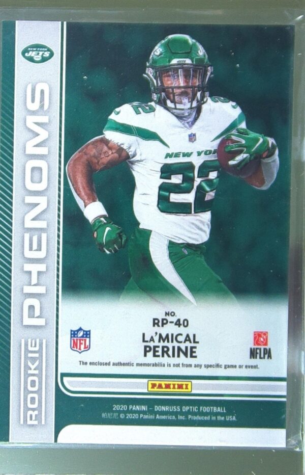2020 Donruss Optic La'Mical Perine JSY RC #RP-40 Jets Rookie Phenoms Blue Hyper - Image 3