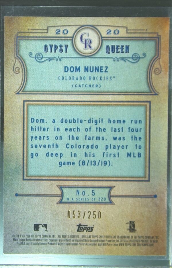 2020 Gypsy Queen Dom Nunez Indigo /250 RC #5 Rockies - Image 3