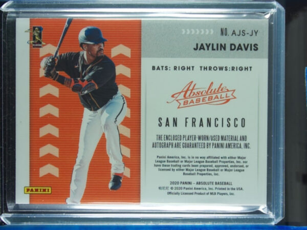 2020 Panini Absolute Jaylin Davis AU SN140 MEM #AJS-JY Giants Absolute Jersey Si - Image 3