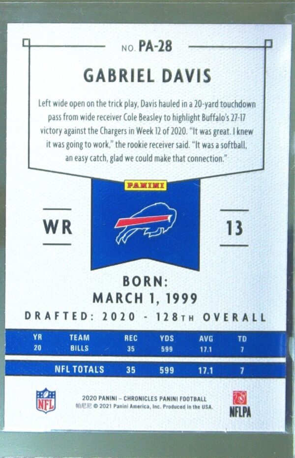 2020 Panini Chronicles Gabriel Davis RC #PA-28 Bills Panini Green - Image 3