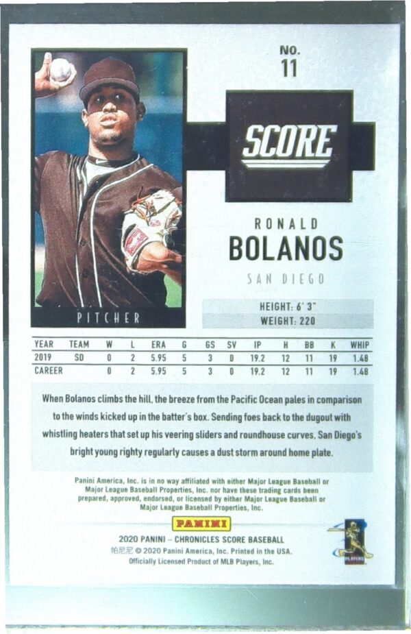 2020 Panini Chronicles Ronald Bolanos /10 #11 Padres Score Gold - Image 3