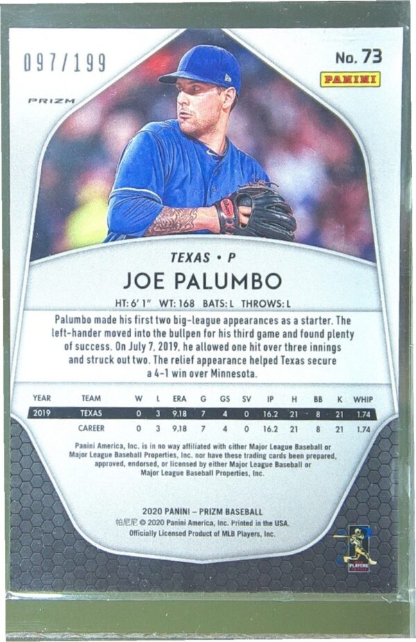 2020 Prizm Joe Palumbo Blue Donut Circles Prizm /199 RC #73 Rangers - Image 3