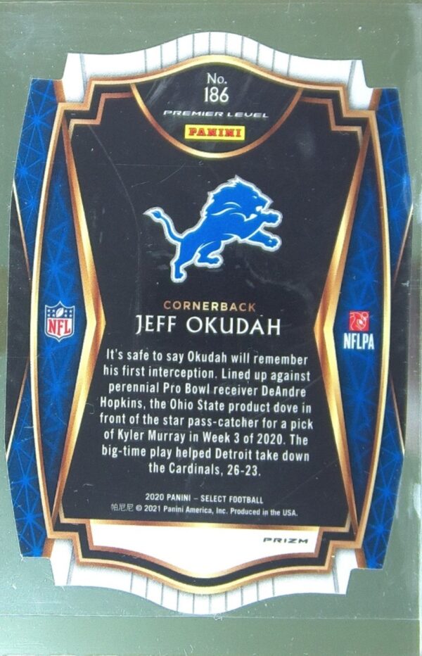 2020 Select Jeff Okudah Tri Color Prizm Die Cut RC #186 Lions - Image 3
