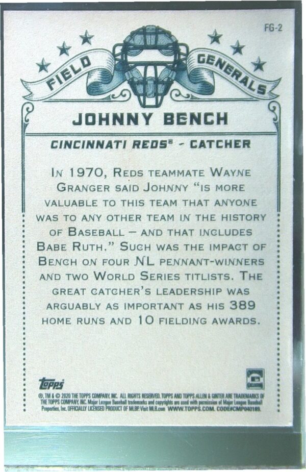 2020 Topps Allen & Ginter Johnny Bench #FG-2 Reds Field Generals - Image 3