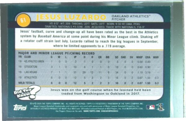 2020 Topps Big League Jesus Luzardo RC #61 Athletics - Image 3
