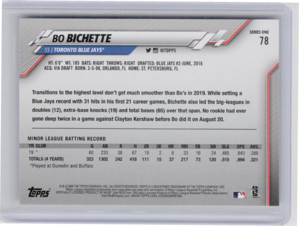 2020 Topps Bo Bichette RC #78 Jays - Image 3