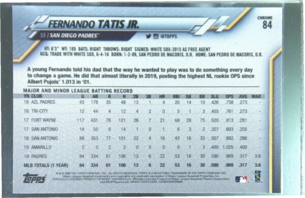 2020 Topps Chrome Fernando Tatis Jr. #84 Padres - Image 3